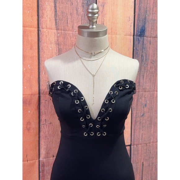 Forever 21 Women's Black Strapless Deep V-neck Pencil Bodycon Mini Dress size S - Picture 5 of 8